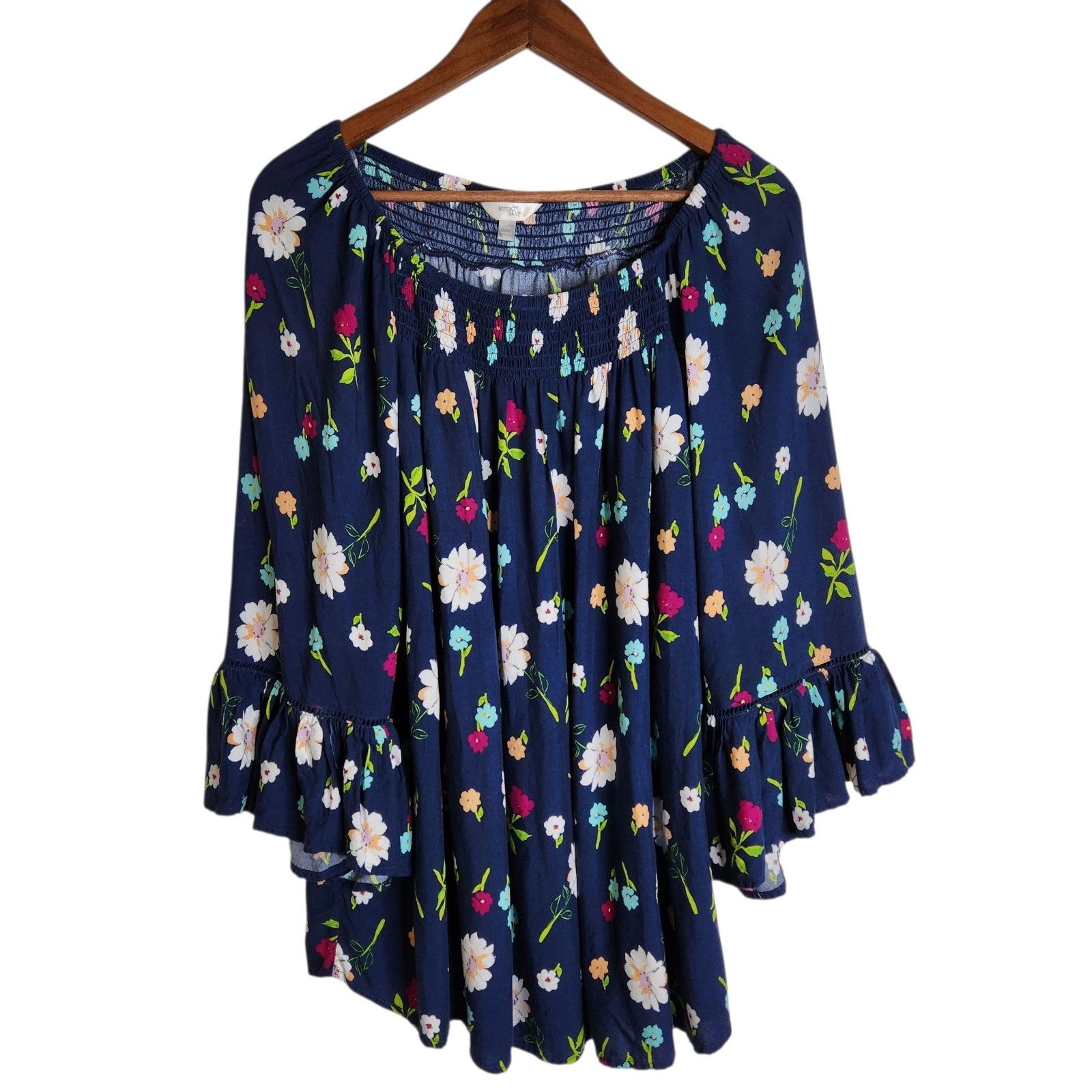 Terra & Sky Blue Floral Bell Sleeves Peasant Boho Rayon Top Womens Plus Ox (14w)